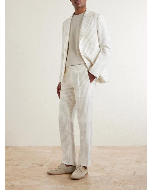 Mr P. White Tapered Pleated Pinstriped Linen Suit Trousers for men