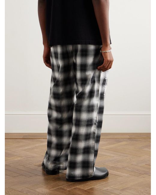 Local Authority Black Razor Wave Straight-leg Embroidered Checked Cotton-flannel Trousers for men