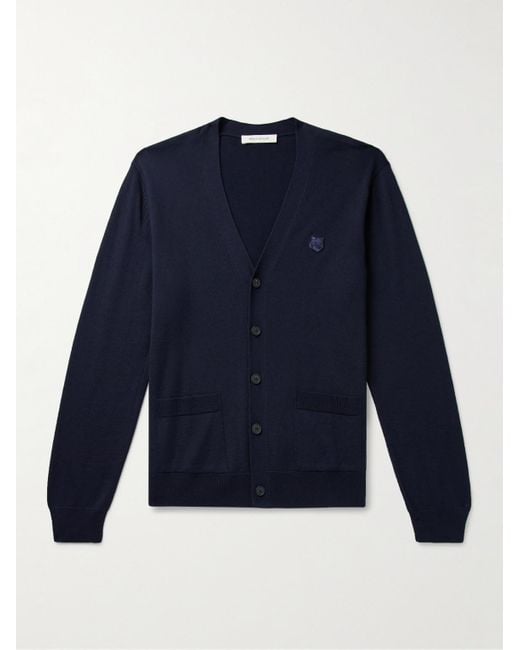 Cardigan slim-fit in lana con logo applicato di Maison Kitsuné in Blue da Uomo