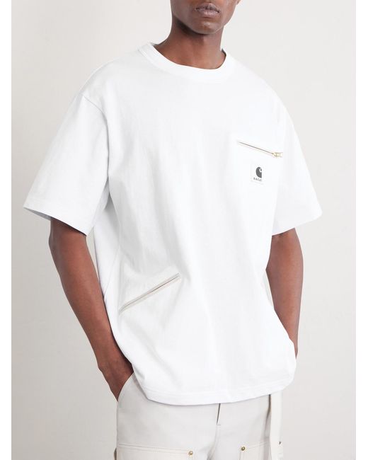 Sacai White Carhartt Wip Logo-Appliquéd Cotton-Jersey T-Shirt for men