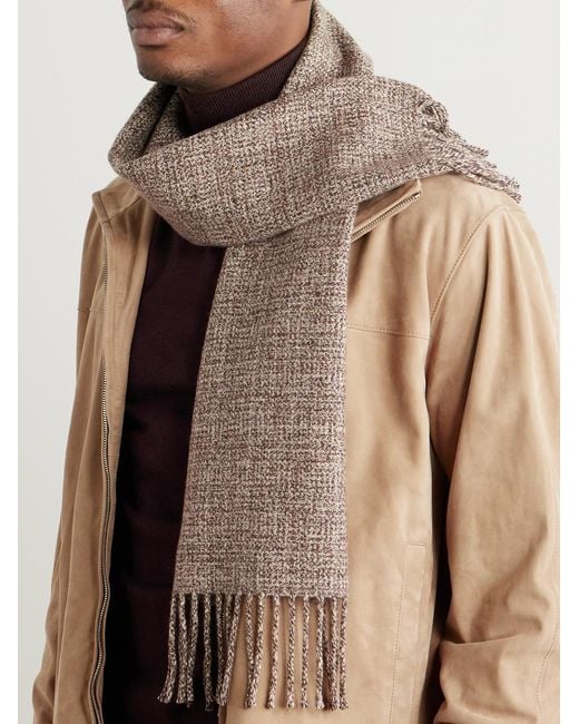 Loro Piana Brown Fringed Cashmere-tweed Scarf for men