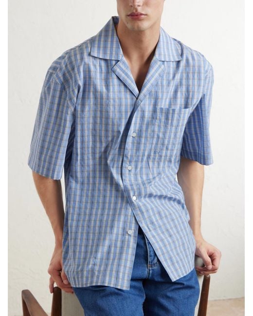 Bottega Veneta Blue Camp-collar Logo-embroidered Checked Cotton And Silk-blend Shirt for men