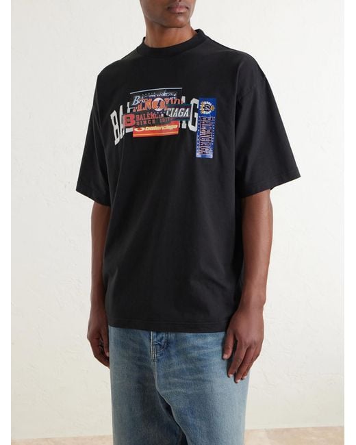 Balenciaga Black Printed Cotton-Jersey T-Shirt for men