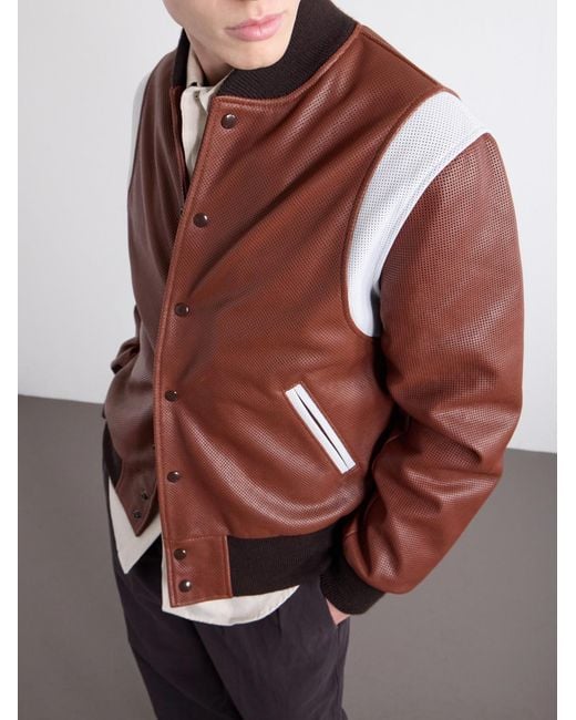 Golden Bear Brown Perforated Fabric Trimmed Leather Jacket for men