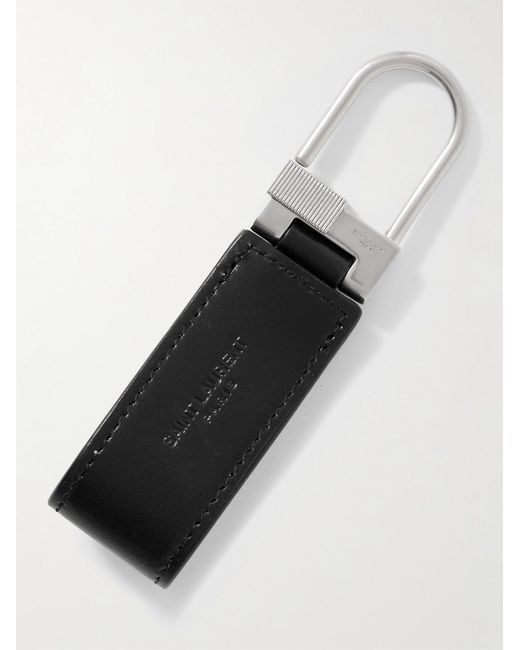 Saint Laurent Black Tiny Cassandre Logo-embellished Leather And Silver-tone Key Fob for men