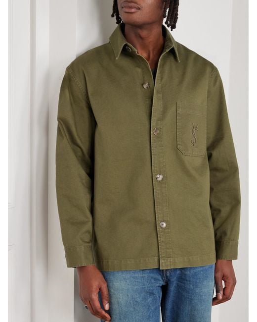 Saint Laurent Green Logo-embroidered Cotton And Linen-blend Gabardine Overshirt for men