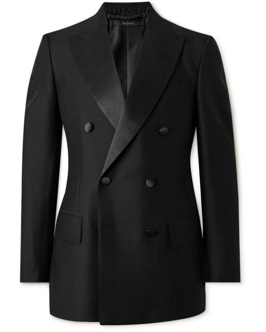 Tom Ford Black Double-breasted Satin-trimmed Wool And Silk-blend Tuxedo Jacket for men
