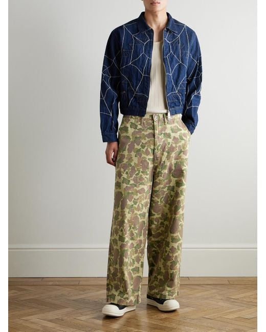 Kapital Green Wide-Leg Camouflage-Print Herringbone Cotton Trousers for men