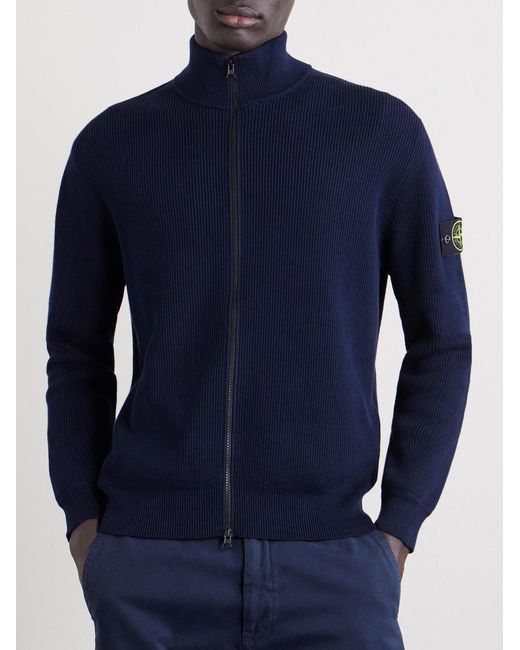 Stone Island Blue Ribbed-Knit Organic Cotton Zip-Up Cardigan for men