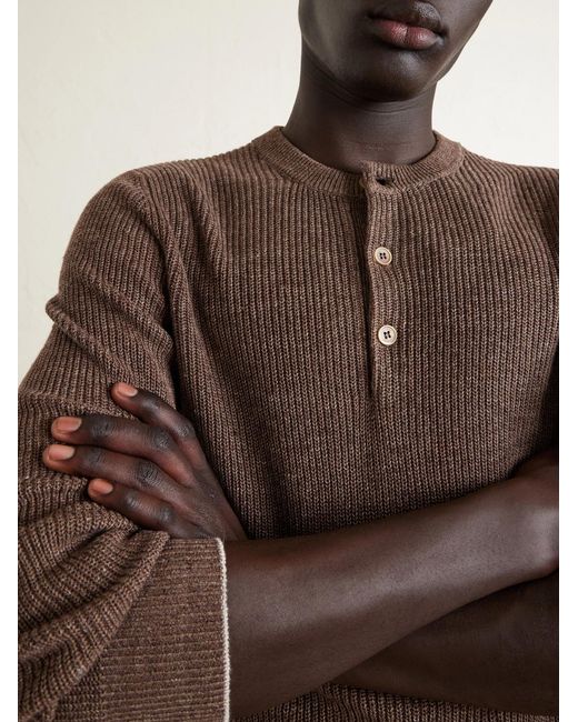 Brunello Cucinelli Brown Ribbed Linen And Cotton-blend Henley Sweater for men