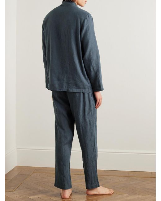 Desmond & Dempsey Blue Linen Pyjama Set for men