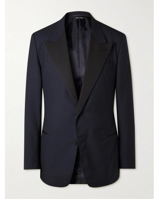 Dunhill Blue Grosgrain-trimmed Wool Grain De Poudre Wool Tuxedo Jacket for men