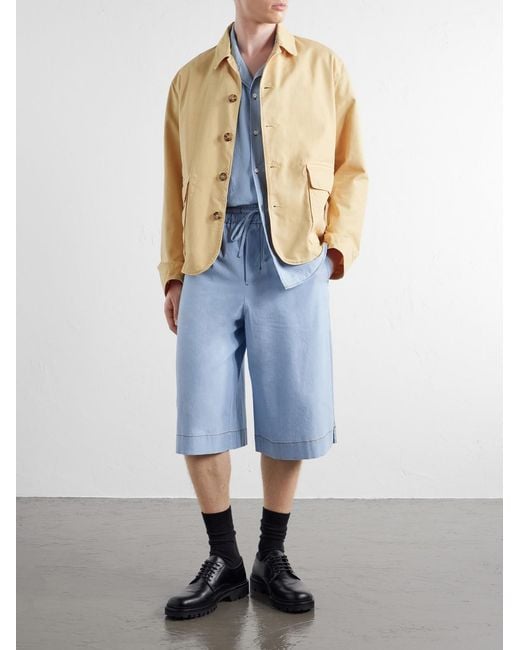 AMI Blue Straight-Leg Logo-Embroidred Cotton-Chambray Shorts for men