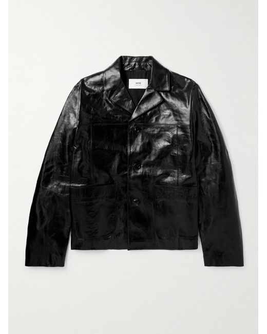 AMI Black Panelled Textured-leather Jacket for men