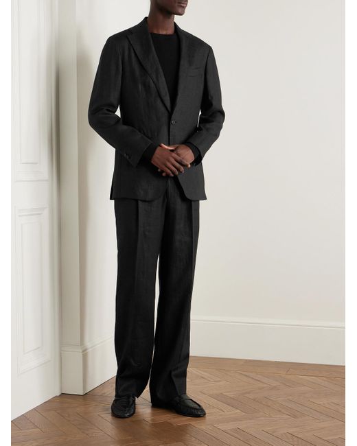 Saman Amel Black Straight-Leg Pleated Linen Suit Trousers for men