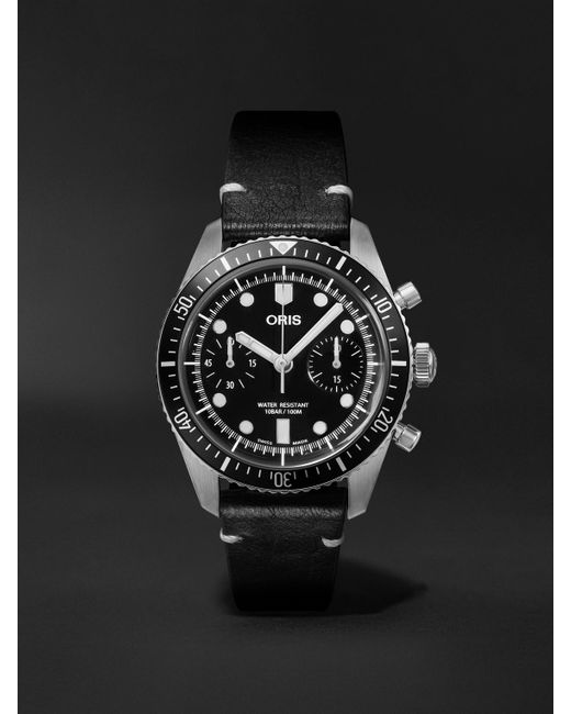 Cronografo automatico 40 mm in acciaio inossidabile con cinturino in pelle Divers Sixty-Five di Oris in Black da Uomo