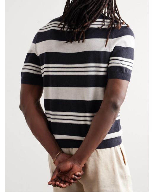 Mr P. Blue Camp-Collar Striped Merino Wool Polo Shirt for men