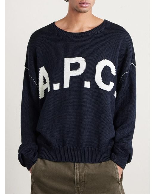A.P.C. Blue Logo-Intarsia Wool-Blend Sweater for men