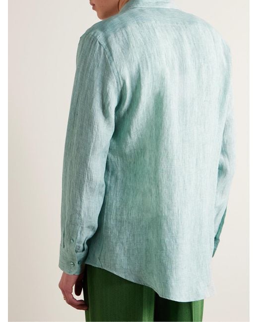 Camicia slim-fit in lino con logo ricamato di Etro in Blue da Uomo