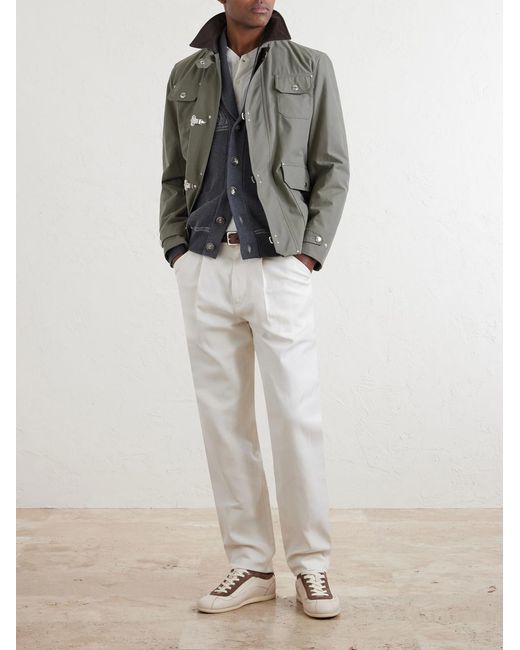 Brunello Cucinelli Green Fireman Leather-Trimmed Cotton-Blend Jacket for men
