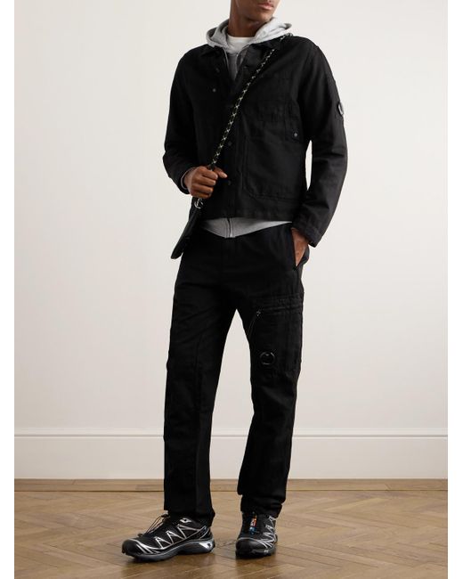 Overshirt in misto cotone e lino con logo applicato di C P Company in Black da Uomo