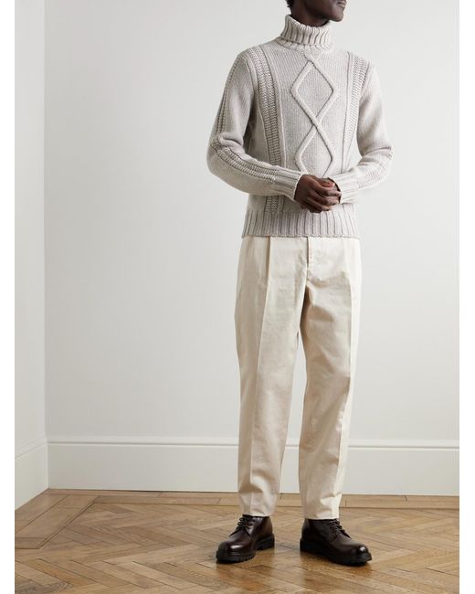 Brunello Cucinelli White Cable-Knit Cashmere Rollneck Sweater for men
