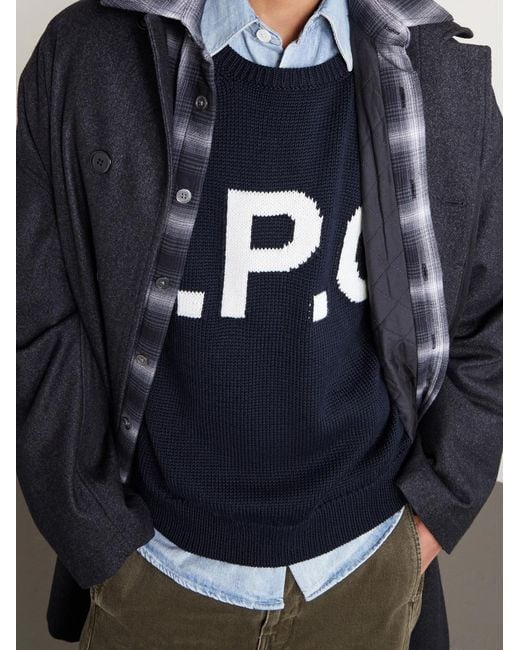 A.P.C. Blue Logo-Intarsia Wool-Blend Sweater for men