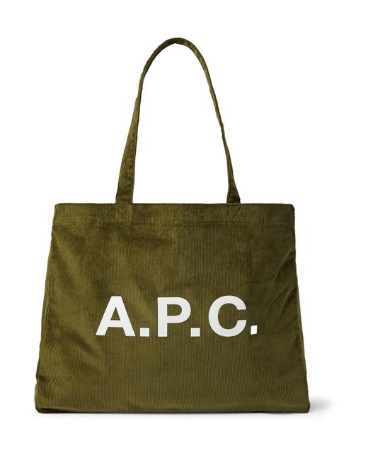 A.P.C. Green Logo-print Cotton-corduroy Tote Bag for men