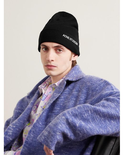 Acne Black Logo-Embroidered Wool-Blend Beanie for men