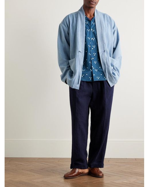 Kardo Blue Lamar Convertible-Collar Embroidered Printed Cotton-Voile Shirt for men