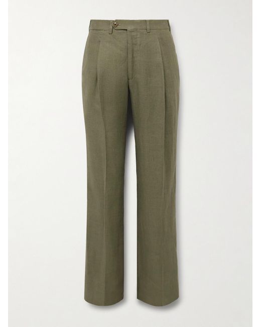 Saman Amel Green Straight-Leg Pleated Linen Suit Trousers for men