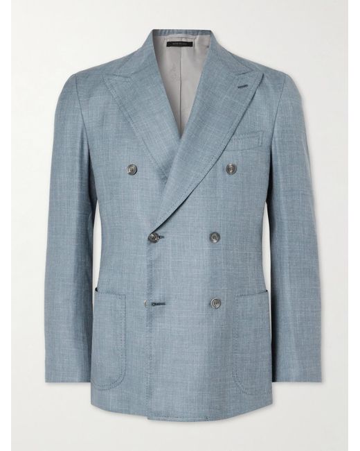 Brioni Blue Double-Breasted Silk, Cashmere And Linen-Blend Suit Jacket for men