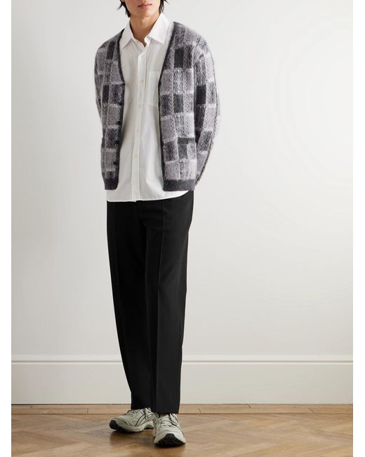 Beams Plus Gray Brushed Checked Jacquard Cardigan for men