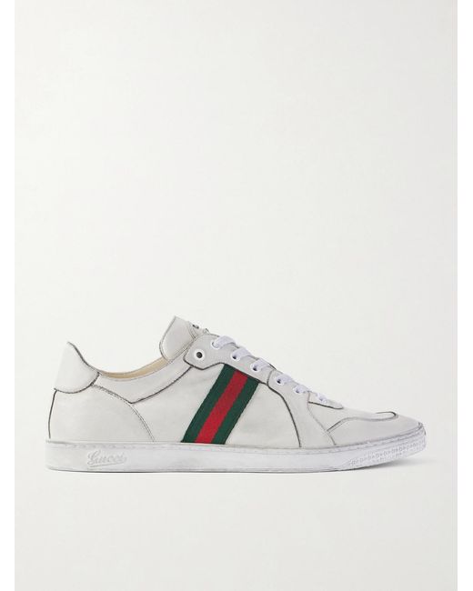 Gucci White Distressed Webbing-Trimmed Leather Sneakers for men