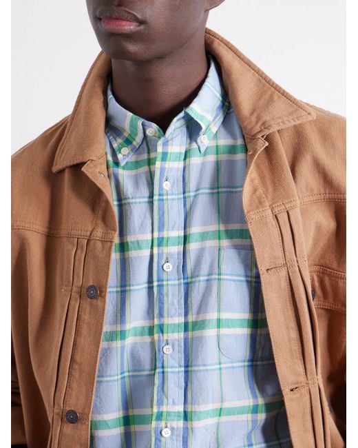 Beams Plus Blue Madras Button-Down Collar Checked Cotton Shirt for men