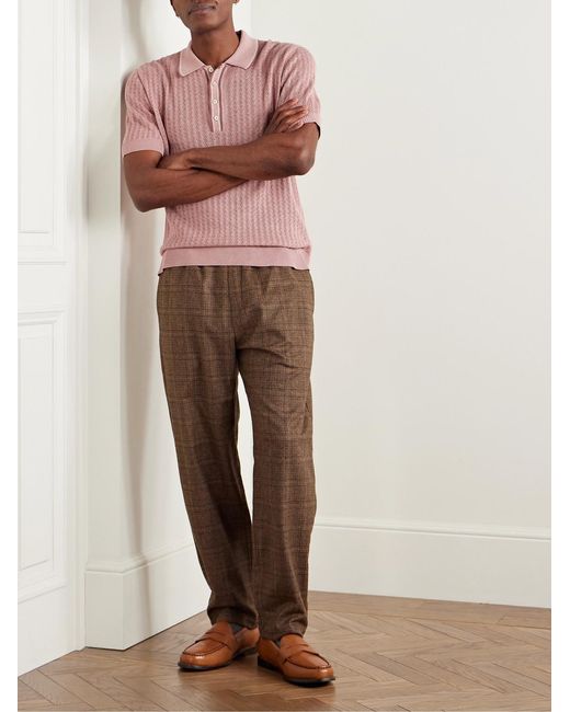 Piacenza 1733 Pink Striped Pointelle-Knit Silk And Linen-Blend Polo Shirt for men