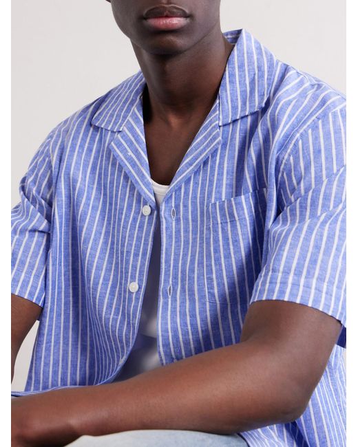 Corridor NYC Blue Camp-Collar Striped Linen And Cotton-Blend Shirt for men