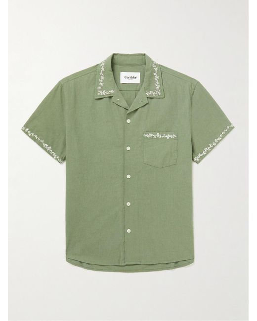 Corridor NYC Green Convertible-collar Embroidered Linen And Cotton-blend Shirt for men