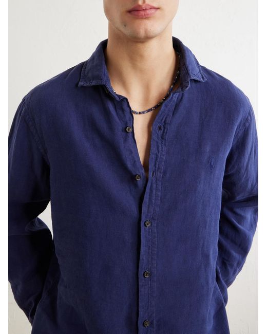 Polo Ralph Lauren Blue Logo-Embroidered Linen Shirt for men