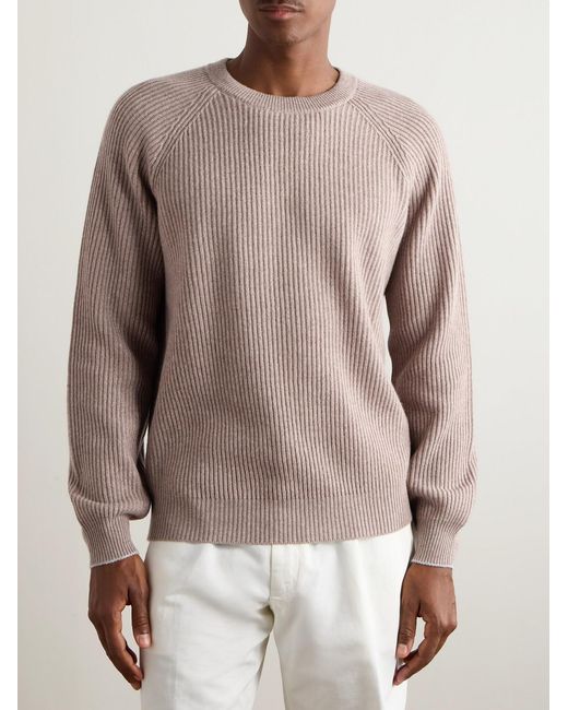 Brunello Cucinelli Natural Ribbed Cashmere Sweater for men