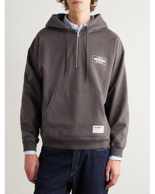 Neighborhood Gray Logo-Print Cotton-Jersey Half-Zip Hoodie for men