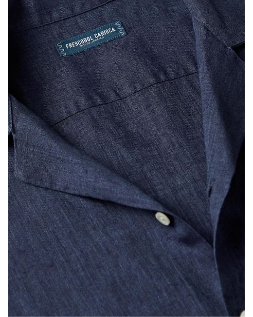 Frescobol Carioca Blue Angelo Camp-Collar Linen Shirt for men