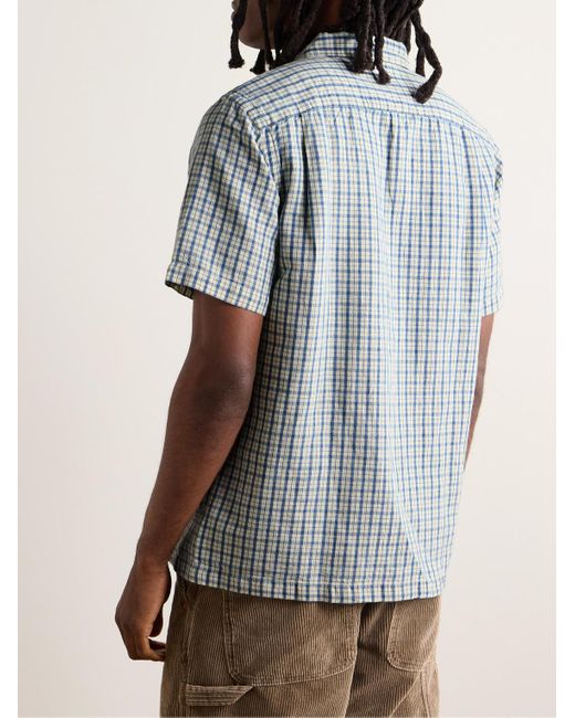 RRL Blue Convertible-collar Checked Cotton And Linen-blend Shirt for men