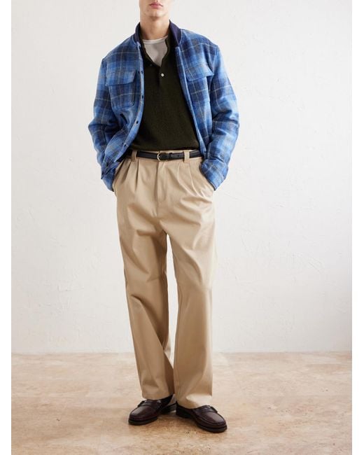 Golden Bear Blue Leather-Trimmed Wool Harris Tweed Bomber Jacket for men