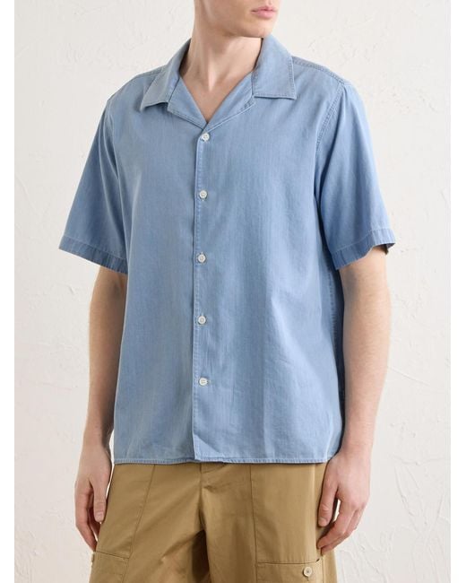 NN07 Blue Julio Ss 5765 Camp-Collar Cotton Chambray Shirt for men