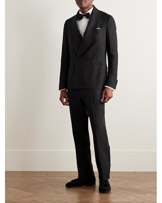 De Petrillo Black Cantone Shawl-Collar Double-Breasted Linen Tuxedo Jacket for men