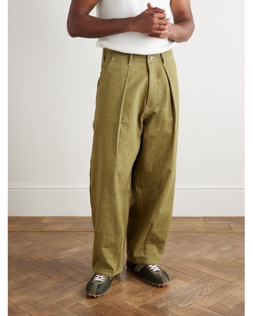 STORY mfg. Green Lush Wide-Leg Pleated Organic Cotton-Canvas Trousers for men