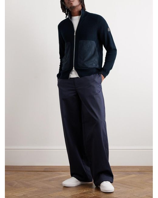 Moncler Blue Logo-appliquéd Suede-trimmed Cotton And Cashmere-blend Zip-up Cardigan for men