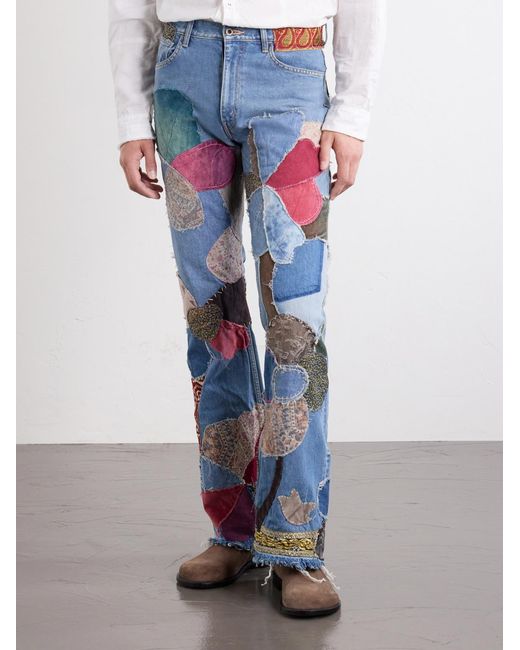 Kapital Blue Rat Flared Patchwork Frayed Jeans for men