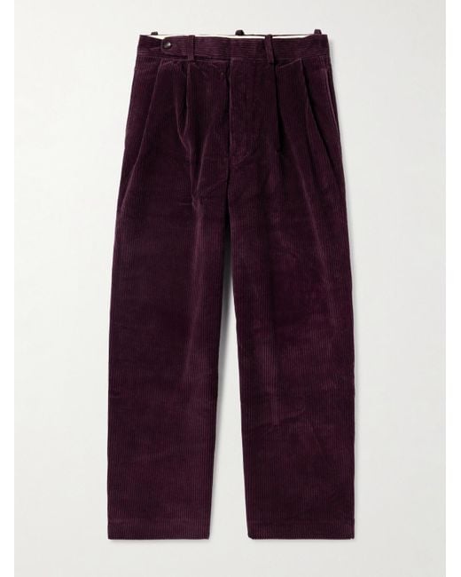 Bode Purple Wide-Leg Cropped Pleated Cotton-Corduroy Trousers for men